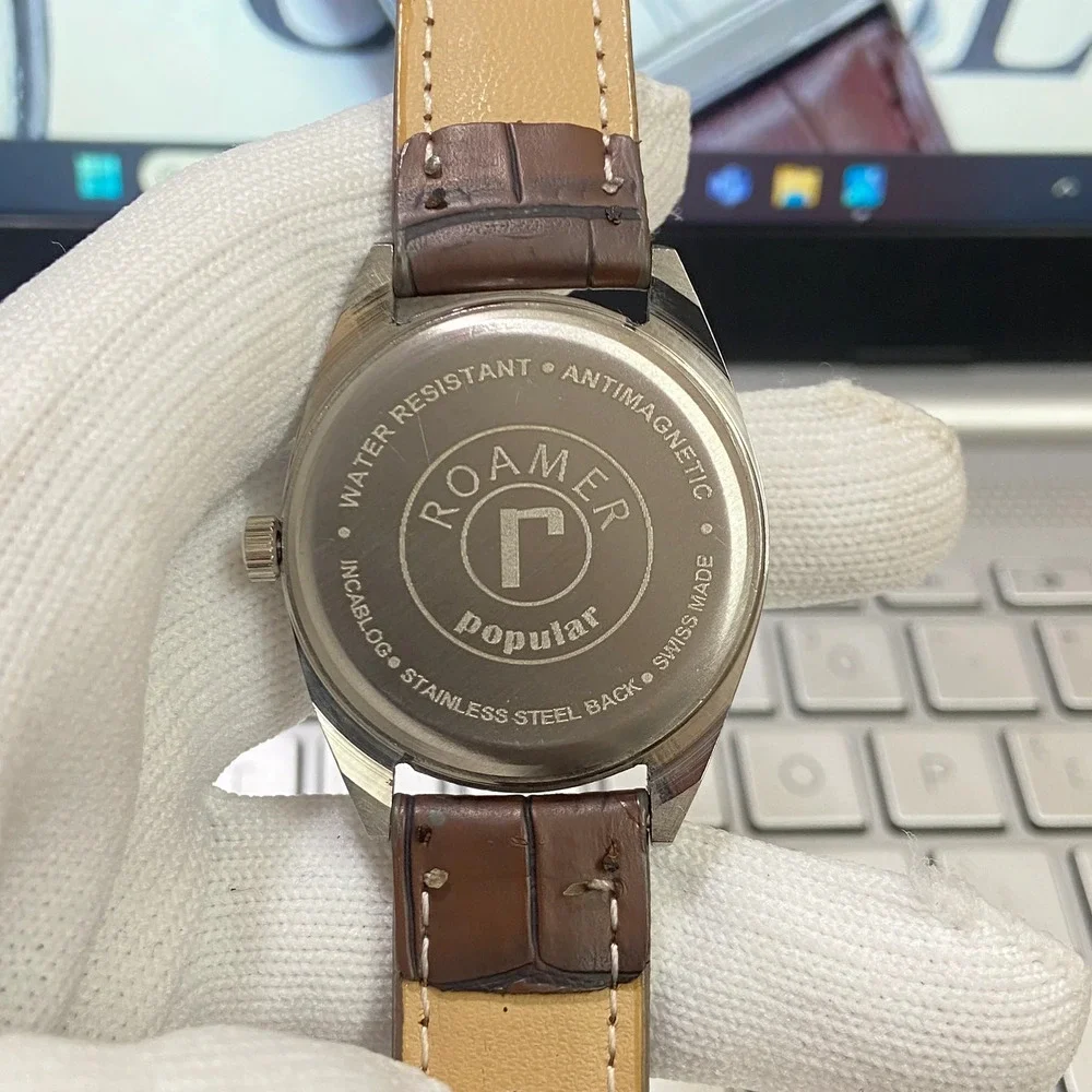 Vintage 1975 Roamer Manual Mens Silver Watch W/Leather Strap & Blue accents
